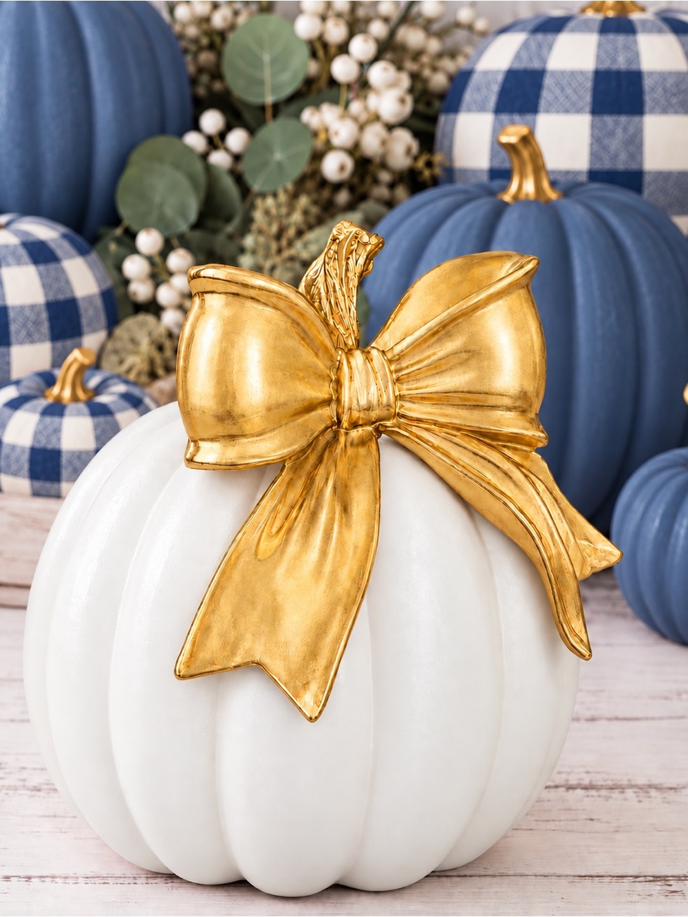 Hand Crafted White Pumpkin with Large Gold Leaf Bow 9”